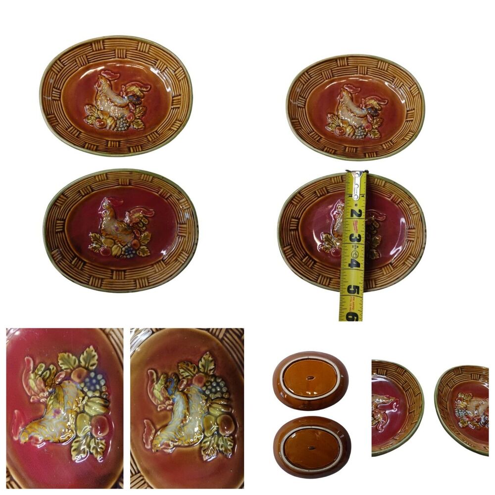 Lot Of 2 Vintage Ceramic Rooster Soap Trinket Dish Fall Harvest Autumn Chicken